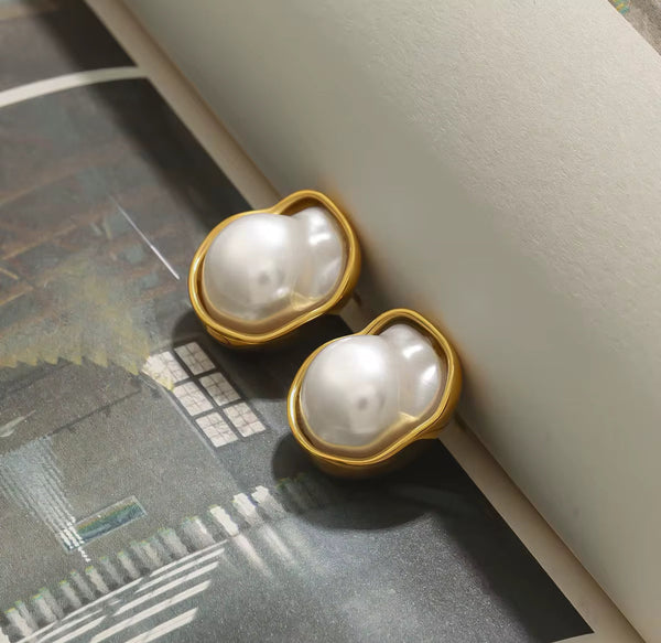 Baroque Pearl Stud Earrings with Gold-Toned