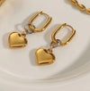 Gold Oval Hoop Earrings with Puffed Heart Charms